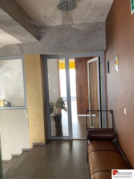 Predaj modernej administratívnej budovy v Bratislave, okres II - Chodba so svetlom, kožená lavica, zelená rastlina, vchodové dvere, interiér budovy.