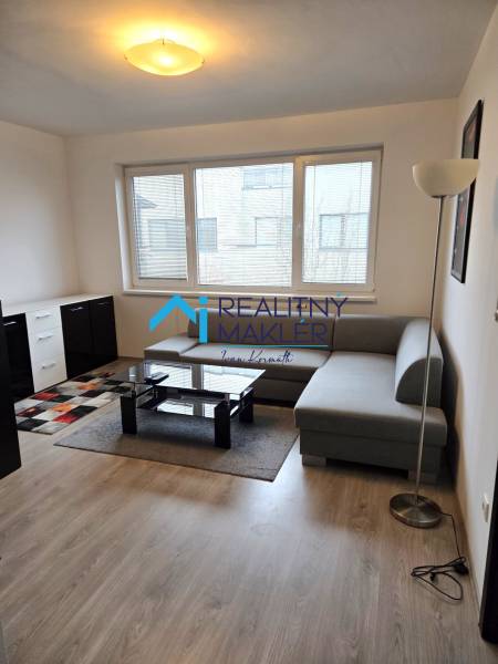 Prenajaté - 2.izbový byt s parkovaním v obci Hviezdoslavov - Obývacia izba s pohovkou, stolíkom a podlahou s dreveným dekorom v 1-izbovom byte.