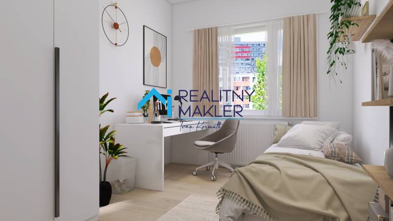 PREDANÉ - 4 izbový byt s loggiou v Petržalke - Útulná izba v 3-izbovom byte s písacím stolom a jednolôžkovou posteľou, podlaha s dreveným dekorom.