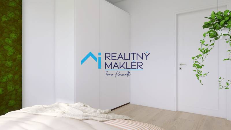 PREDANÉ - 4 izbový byt s loggiou v Petržalke - Spálňa s bielou skriňou, zelenou stenou a rastlinami v 3-izbovom byte.