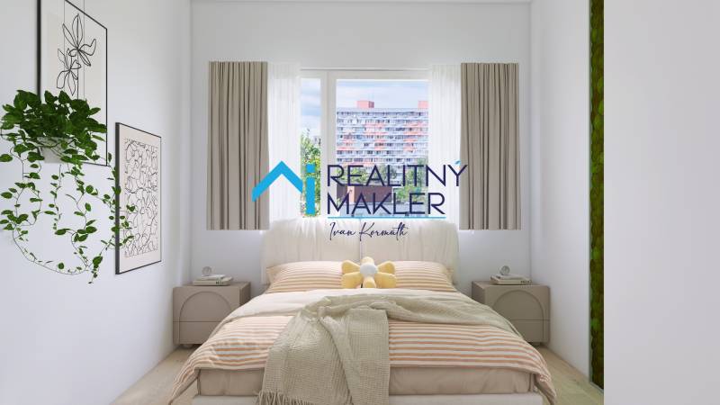 PREDANÉ - 4 izbový byt s loggiou v Petržalke - Spálňa v 3-izbovom byte s posteľou a závesmi, rastlinou a obrazmi na stene.