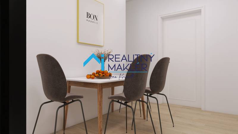 PREDANÉ - 4 izbový byt s loggiou v Petržalke - Jedálenský kút s dreveným stolom, štyrmi stoličkami a ozdobnými pomarančmi v 3-izbovom byte.