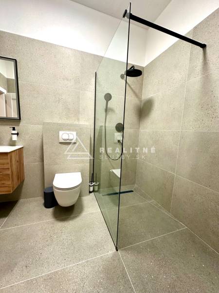 Prenájom priestranného 2-izbového bytu v absolútnom centre Košíc - Kúpeľňa v 2-izbovom byte so sprchovacím kútom, toaletou a umývadlom s dreveným dekorom.