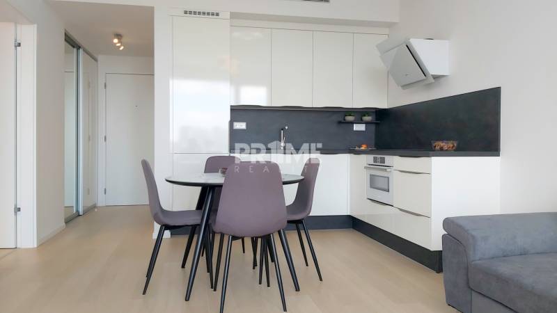 JEDINEČNÝ 2i byt, NOVOSTAVBA, KLÍMA, VÝHĽAD, PARKING, SKY PARK - Kuchyňa a jedálenský kút v 2-izbovom byte s podlahou s dreveným dekorom.