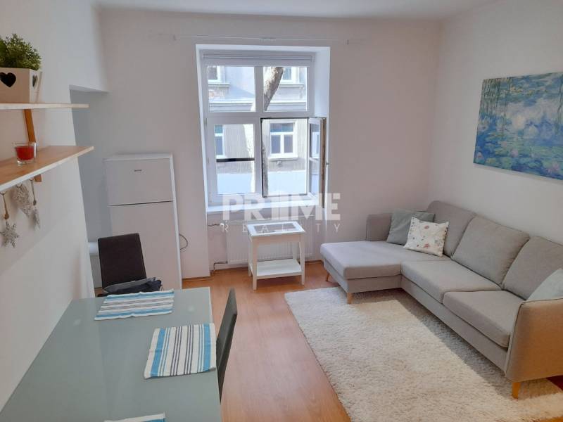 Pekný 2i byt, REKONŠTRUKCIA, CENTRUM, Bukureštská ulica, Staré Mesto - Obývačka v 2-izbovom byte, na ulici Bukurešťská, svetlý interiér s pohovkou.