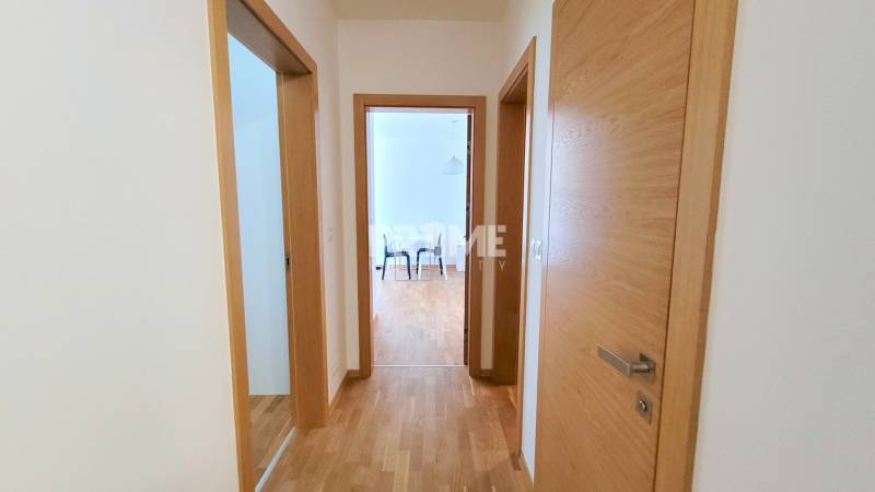 MODERNÝ 3i byt, CUBICON GARDENS, BALKÓN, PARKING, Rudolfa Mocka - Chodba v 3-izbovom byte s podlahou s dreveným dekorom a drevenými dverami.
