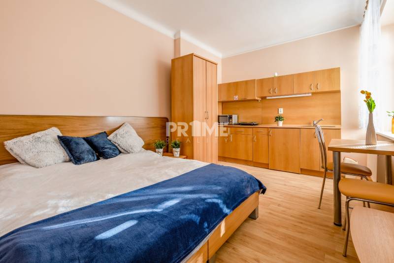 Pekná Garsónka, CENTRUM, REKONŠTRUKCIA,Vajanského nábrežie,Staré Mesto - Garsónka s posteľou, kuchynskou linkou, jedálenským stolom a podlahou s dreveným dekorom.