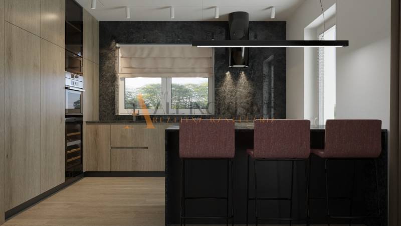 POSLEDNÁ NOVOSTAVBA - HOLODOM | PRÁZNOVCE - Kuchyňa v rodinnom dome s drevenou linkou, hnedým sedením a čiernym digestorom.