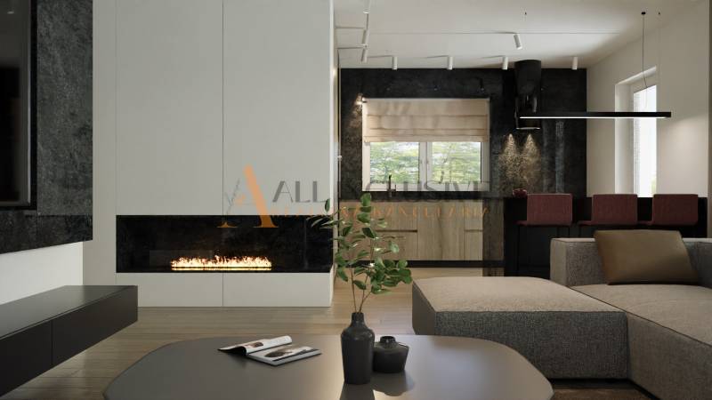 POSLEDNÁ NOVOSTAVBA - HOLODOM | PRÁZNOVCE - Interiér rodinného domu s krbom, pohodlnou sedačkou a elegantným stolom s dekoráciou.