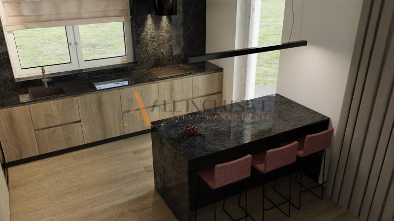 POSLEDNÁ NOVOSTAVBA - HOLODOM | PRÁZNOVCE - Kuchyňa s mramorovým pultom a drevenými skrinkami v rodinnom dome.