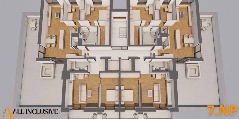 1i - 2i - 3i BYTY V NOVOSTAVBE | NITRA - MLYNARCE - Pôdorys poschodia so zariadenými 1-izbovými bytmi a podlahou s dreveným dekorom.