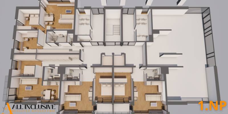 1i - 2i - 3i BYTY V NOVOSTAVBE | NITRA - MLYNARCE - Pôdorys 1-izbových bytov s podlahou s dreveným dekorom a usporiadaním miestností.