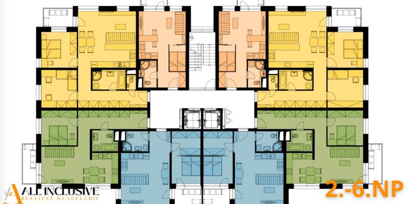 1i - 2i - 3i BYTY V NOVOSTAVBE | NITRA - MLYNARCE - Pôdorys zobrazuje rozloženie bytov v jednom podlaží s rôznymi miestnosťami.
