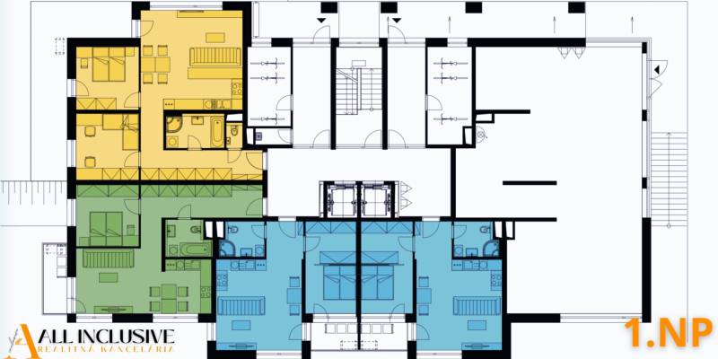 1i - 2i - 3i BYTY V NOVOSTAVBE | NITRA - MLYNARCE - Pôdorys prvého nadzemného podlažia, vrátane štyroch bytových jednotiek.