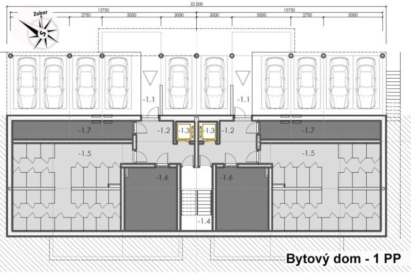 1i - 2i - 3i BYTY V NOVOSTAVBE | NITRA - MLYNARCE - Pôdorys bytového domu s garážami a úložnými priestormi na prízemí.