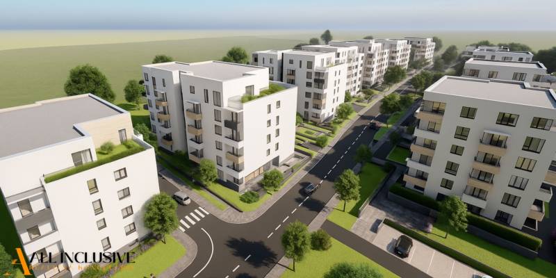 1i - 2i - 3i BYTY V NOVOSTAVBE | NITRA - MLYNARCE - Vizualizácia bytového komplexu na Kmeťovej ulici v Nitre, obklopená zeleňou.