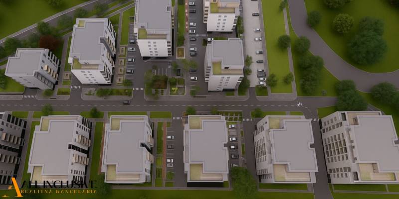 1i - 2i - 3i BYTY V NOVOSTAVBE | NITRA - MLYNARCE - Pohľad zhora na bytové domy, ulice a zeleň v Nitre, na Kmeťovej.