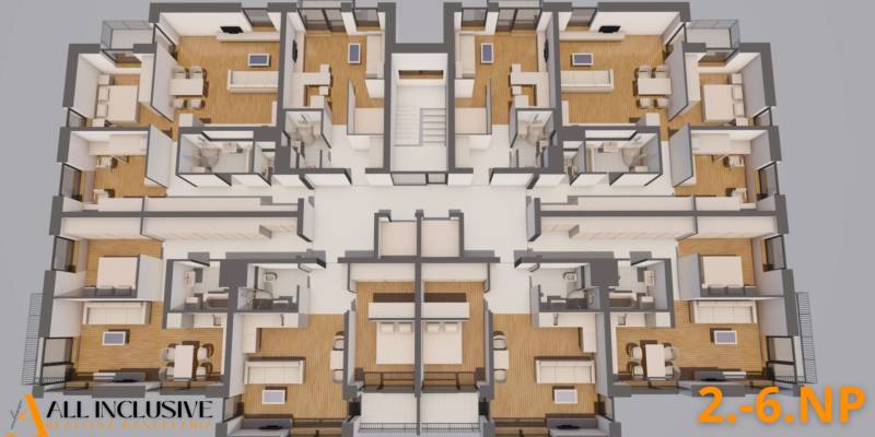 1i - 2i - 3i BYTY V NOVOSTAVBE | NITRA - MLYNARCE - Pôdorys poschodia s niekoľkými 1-izbovými bytmi s podlahou s dreveným dekorom.