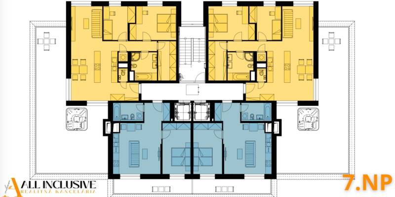1i - 2i - 3i BYTY V NOVOSTAVBE | NITRA - MLYNARCE - Pôdorys poschodia budovy, zobrazujúci dispozíciu bytových jednotiek s terasami.