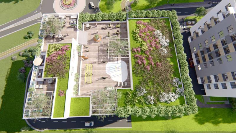 1i - 2i - 3i BYTY V NOVOSTAVBE | NITRA - MLYNARCE - Strešná terasa na Kmeťovej ulici v Nitre s podlahou s dreveným dekorom.