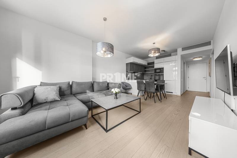 ŠTÝLOVÝ 2i byt,SKY PARK,VÝHĽAD,LOGGIA,PARKING,VEŽA II,Továrenská ul. - Obývacia izba v 2-izbovom byte s pohovkou a podlahou s dreveným dekorom.