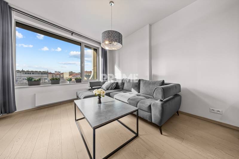 ŠTÝLOVÝ 2i byt,SKY PARK,VÝHĽAD,LOGGIA,PARKING,VEŽA II,Továrenská ul. - Obývacia izba s veľkým oknom, sivou sedačkou a podlahou s dreveným dekorom v 2-izbovom byte.