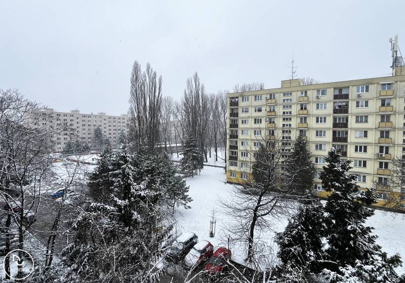 Bez provízie | Na prenájom dizajnové štúdio v Ružinove - Zasnežený pohľad na sídlisko v Bratislave-Ružinove s panelákmi a zasneženými stromami.