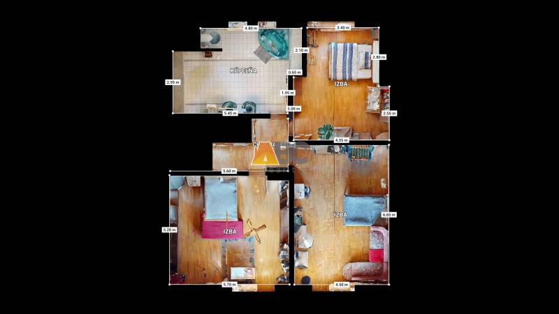 Na predaj Rodinný dom -rezort - Banská Bystrica 4500m2 - Pôdorys rodinného domu s tromi izbami, chodbou a kúpeľňou.