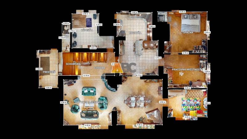 Na predaj Rodinný dom -rezort - Banská Bystrica 4500m2 - Pôdorys rodinného domu s miestnosťami: kuchyňa, spálňa, obývacia miestnosť, kúpeľňa.