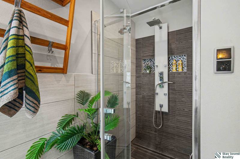 Ideálny dom pre rodinu, Blatné, okr. Senec - Sprchovací kút s dekoratívnymi kachličkami a zelenými rastlinami v rodinnom dome.