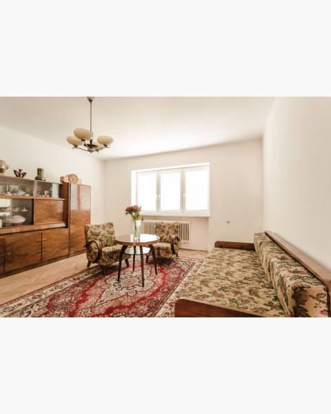 Dvojgeneračný rodinný dom s potenciálom | 2 bytové jednotky, TV - Obývacia izba v rodinnom dome s kobercom a nábytkom v retro štýle.