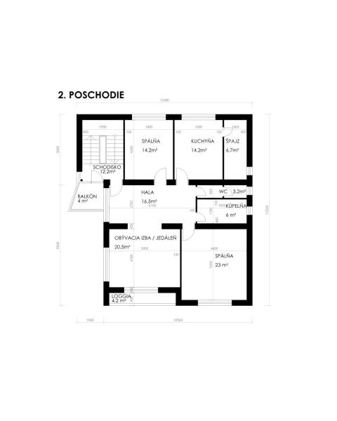 Dvojgeneračný rodinný dom s potenciálom | 2 bytové jednotky, TV - Pôdorys druhého podlažia rodinného domu s dvoma spálňami a halou.