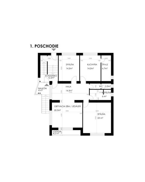 Dvojgeneračný rodinný dom s potenciálom | 2 bytové jednotky, TV - Pôdorys prvého poschodia rodinného domu s izbami, kuchyňou a balkónom.