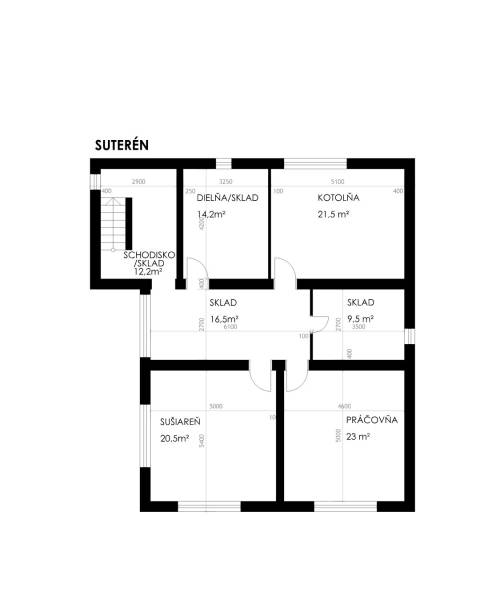 Dvojgeneračný rodinný dom s potenciálom | 2 bytové jednotky, TV - Pôdorys suterénu rodinného domu s miestnosťami: dielňa, kotolňa, sušiareň, práčovňa, sklady.