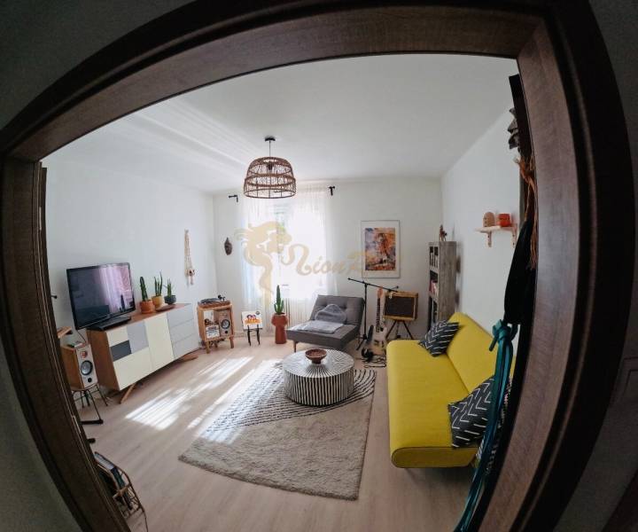 Veľký 2-izb. byt v tehlovom dome, Ružová dolina, Ružinov časť Nivy - Obývačka v 2-izbovom byte s pohodlnou pohovkou, koberecom a podlahou s dreveným dekorom.