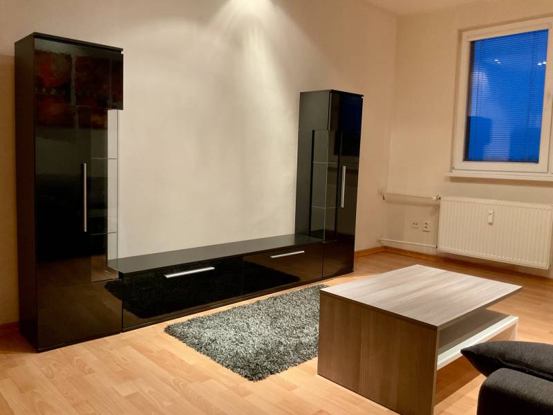 I Prenájom moderne zariadeného 3-izbového bytu v Petržalke. - Obývacia izba v 3-izbovom byte s čiernou obývačkovou stenou a podlahou s dreveným dekorom.