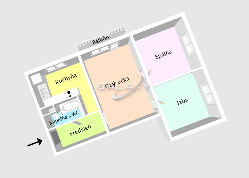 Kompletne zrekonštruovaný 3-izbový byt s balkónom – Rimavská Sobota - Pôdorys 3-izbového bytu s kuchyňou, kúpeľňou a balkónom.