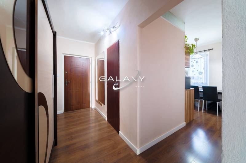 Kompletne zrekonštruovaný 3-izbový byt s balkónom – Rimavská Sobota - Chodba v 3-izbovom byte s podlahou s dreveným dekorom a vešiakovou stenou.