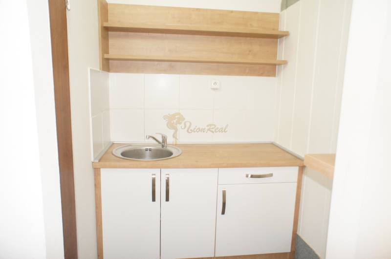 Kancelárie, Drieňová ul., Ružinov 25 m2 - Malá kuchynka s drevenou pracovnou doskou a drezom v kancelárii.