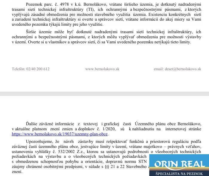 Na predaj pozemok na pohrebnicku činnosť Bernolákovo - Text o pozemku v Bernolákove, Dukelská, obmedzenia technickej infraštruktúry pre komerčné využitie.