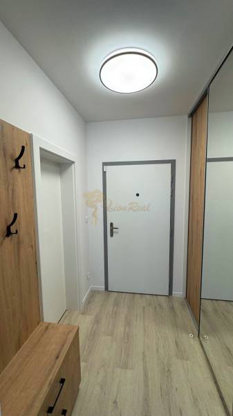 Novostavba 2,5-izb. bytu v NUPPU, garážové státie + vonkajšie státie - Vstupná chodba s bielymi stenami, zrkadlová skriňa, podlaha s dreveným dekorom, 2-izbový byt.