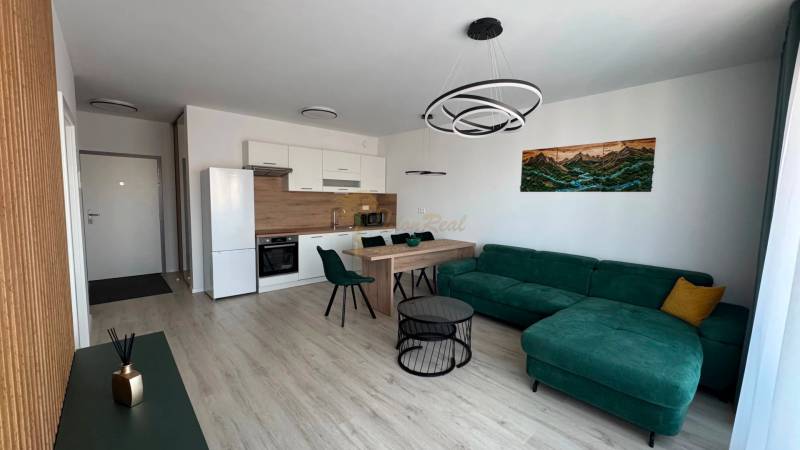 Novostavba 2,5-izb. bytu v NUPPU, garážové státie + vonkajšie státie - Obývacia izba s kuchynským kútom, podlahou s dreveným dekorom, zelenou pohovkou a stropným svietidlom.