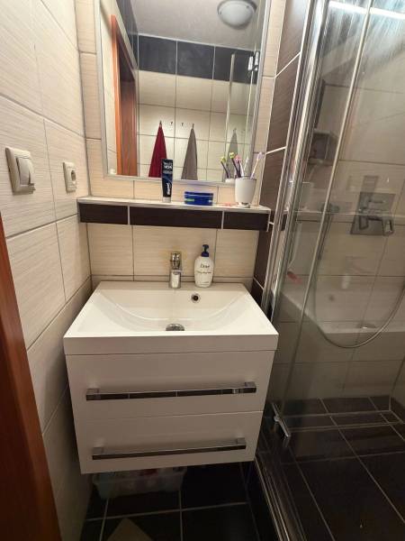 4-izb. byt, Wolkrova, Petržalka, 7.p./8 - Kúpeľňa so sprchovým kútom a umývadlom v 4-izbovom byte.