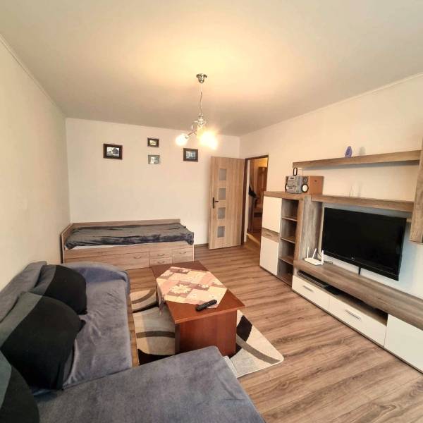 Pekný 2 izbový byt na prenájom - Malacky - Obývacia izba s podlahou s dreveným dekorom v 2-izbovom byte, pohovka a televízor.