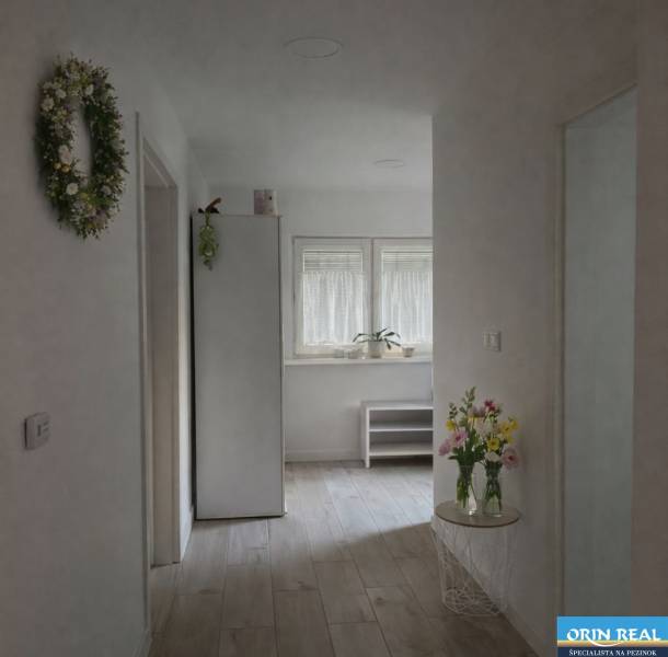 Na predaj kompletne zrekonštruovaný RD Bernolákovo -Trnavská - Svetlá chodba rodinného domu s podlahou s dreveným dekorom, kvetmi a dekoráciami.