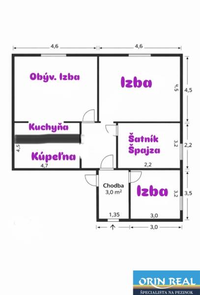 Na predaj kompletne zrekonštruovaný RD Bernolákovo -Trnavská - Pôdorys rodinného domu s miestnosťami: obývacia izba, kuchyňa, izby, kúpeľňa, špajza.