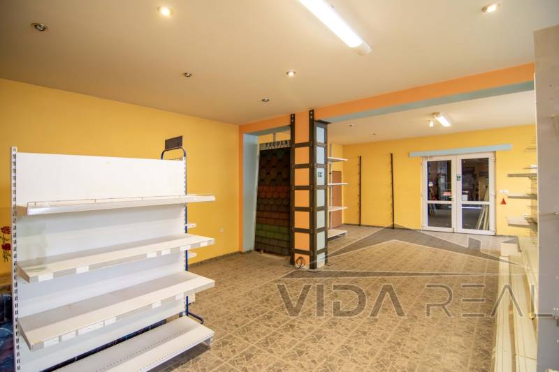 Prenájom haly / obchodno-skladových priestorov – Šenkvice, Nádražná ul - Interiér Sklady a haly s policami a dverami, podlaha s dekorom.