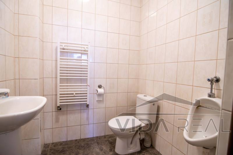 Prenájom haly / obchodno-skladových priestorov – Šenkvice, Nádražná ul - Kúpeľňa v Skladoch a halách s toaletou, pisoárom a radiátorom na stene.