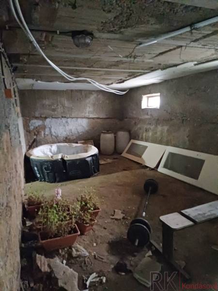 Rodinný dom, Maďarsko, obec Vizsoly - V pivnici rodinného domu sú črepníky s rastlinami, vírivka, bary a stavebný materiál.