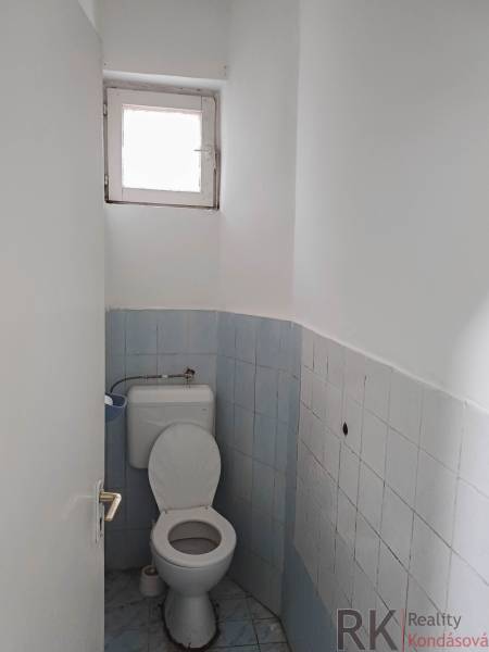 Rodinný dom, Maďarsko, obec Vizsoly - Toaleta v rodinnom dome s modrými obkladačkami a malým oknom.